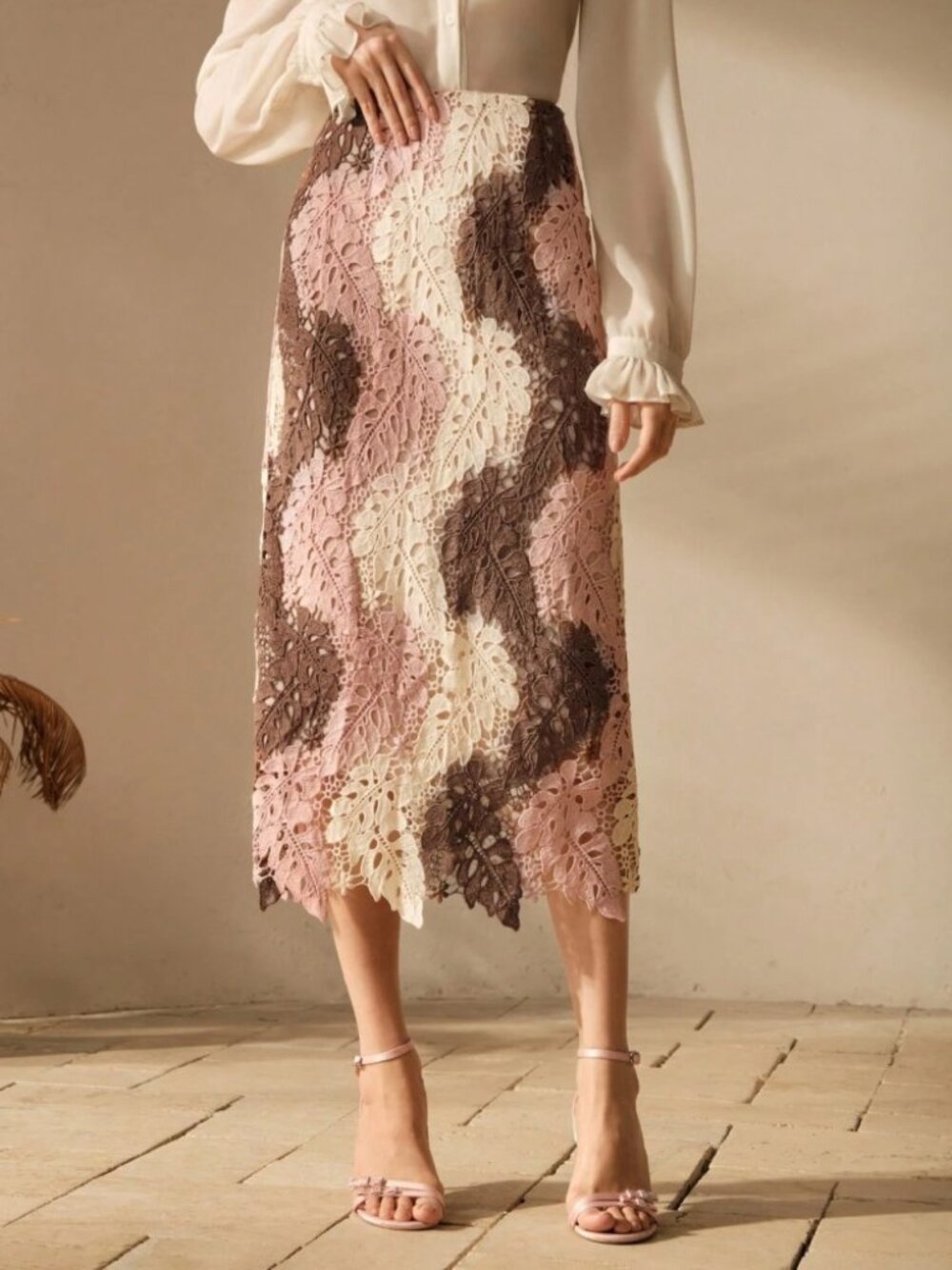 Multicolor Lace Midi Skirt - Pink Cream Brown